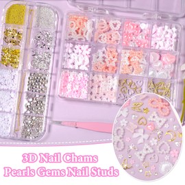 3D Flower Bows Pearls Nail Charms and Gems, Alloy Butterfly Heart Nail Charms, Pink White Color Blossom Flower Hollow Pearl Bows Heart Nail Art Charms for DIY Nail Art with Pickup Tools