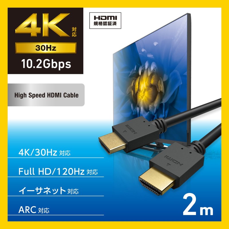 Elecom CAC-HD14E20BK3 HDMI Cable, 6.6 ft (2 m), High Speed,