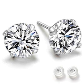 swars Women's 925 Top Grade Zirconia, Silver, 4 Prong Single Ground, Hypoallergenic Metal, Stud Both Ears, Cubic Zirconia, Created Diamond