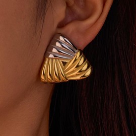 Hpoewre Chunky Gold & Silver Earrings for Women, Textured Thick Geometric Stud Earrings, Vintage Mix Color Women's Earrings, Hypoallergenic Fashion Jewelry Gift (Triangle 1)