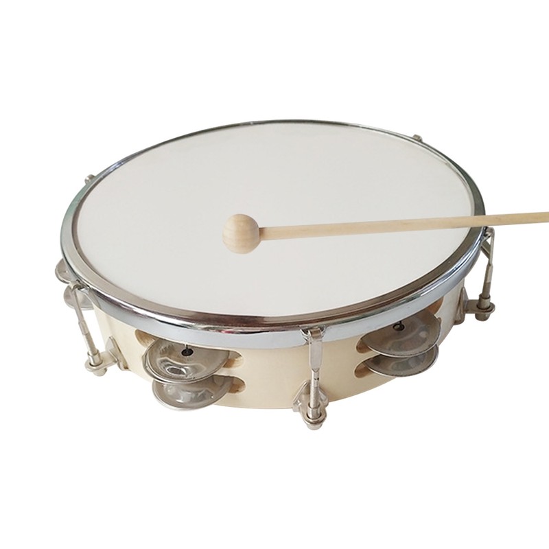 8 Inch Tambourine Handbell Hand Drum with Double Row Jingles