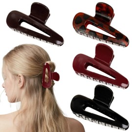 Flomiara 4PCS Claw Clip, Hair Clips for Thick Thin & Fine Hair Women Girls, Water Drop Hollow Non-Slip Strong Hold Home Skin Care Makeup Claws Accessories, Black, Claret, Brown, Red Set
