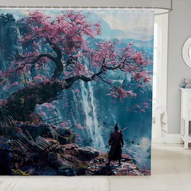 Erosebridal - Cortina de ducha de estilo japonés, diseño de flores de cerezo para niños, niñas, adolescentes, espadachín samurái, cortina de ducha de tela, cortina de baño de paisaje de montaña, lago,
