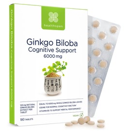 Healthspan Ginkgo Biloba Cognitive Support 6,000mg | 6000mg Ginkgo Biloba Leaves | Added Iodine and Vitamin B5 | Reduces Tiredness & Fatigue | Vegan