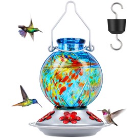 Hummingbird Feeder, BOLITE Glass Hummingbird Feeders for Outdoors Hanging, Hand Blown, with Ant Moat and Five Feeding Ports, Meshy Texture Ball Shape Bottle, 20 Ounces, Blue