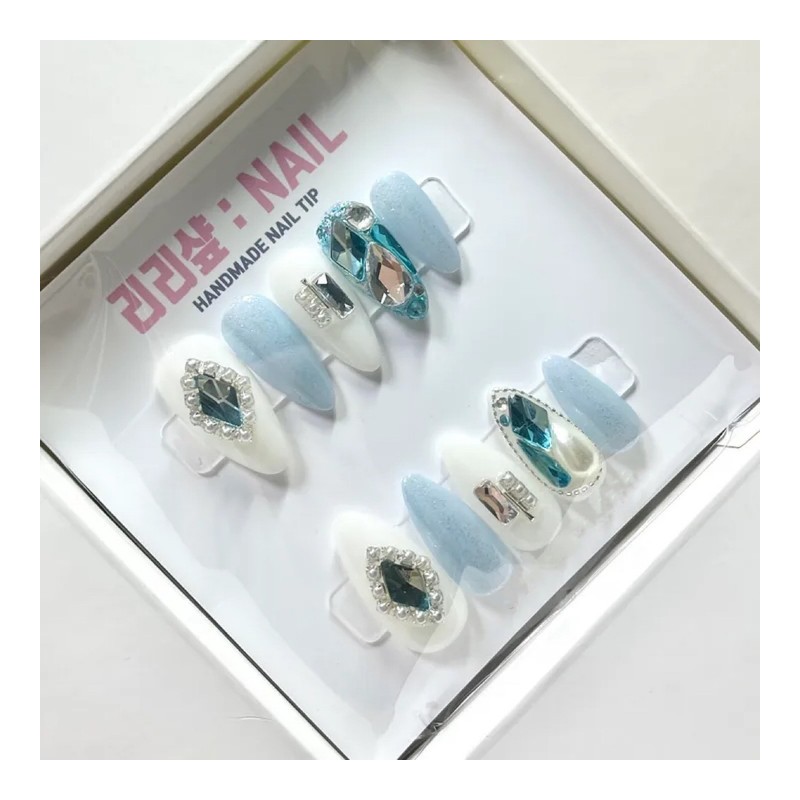 Emerald blue diamond pearl handmade nail tips - Design 1-Full
