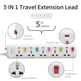 Mscien 5 Way Extension Lead with Switches, Travel Overload Protector Power Strip UK To USA with 1.8M Extension Cord