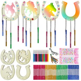 Pack of 16 Horseshoe Children's Birthday Wooden for Painting, DIY Craft Set Birthday Decoration, Craft Wind Chime Crafts with 12 Watercolour Pens for Children Girls Boys from 5 6 7 8 9, Easter Outdoor