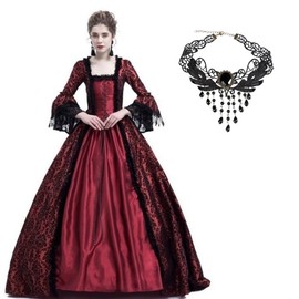 Velcoxplay Women's Medieval Victorian Queen Dress, Long Sleeve Medieval Renaissance Costume, Gothic Lolita Party, Rococo Puff Sleeves, Maxi Dress, Red, XXL