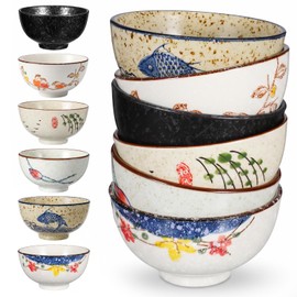6 Pack Rice Bowls, 4.5 Inch 10 Oz Japanese Retro Ceramic Bowls Set, Hand-Painted Small Serving Dinner Set for Cereal, Salad, Dessert, Ice Cream, Dishwasher & Microwave Safe