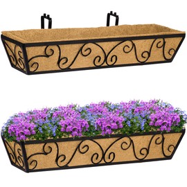 HFHOME 30 Inch Window Deck Boxes with Coco Liners and Adjustable Brackets for Porch, Fence, Patio, Balcony Hanging Flower Railing Baskets, Outdoor Garden - 2 Packs