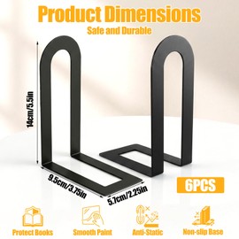 6 Pcs Modern Metal Bookends for Shelves, Metal Small Book Ends Book Shelf Organizer Minimalist Book Ends for Books/Movies/CDs, Decorative Bookends for Home Office, 5.5 x 3.75 x 2.25inch (Black)