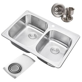 CBath Topmount Drop-In Stainless Steel 33-1/8 in x 22 in x 9 in 1 Faucet Hole 60/40 Offset Double Bowl Kitchen Sink w Cutting Board Colander & Strainer