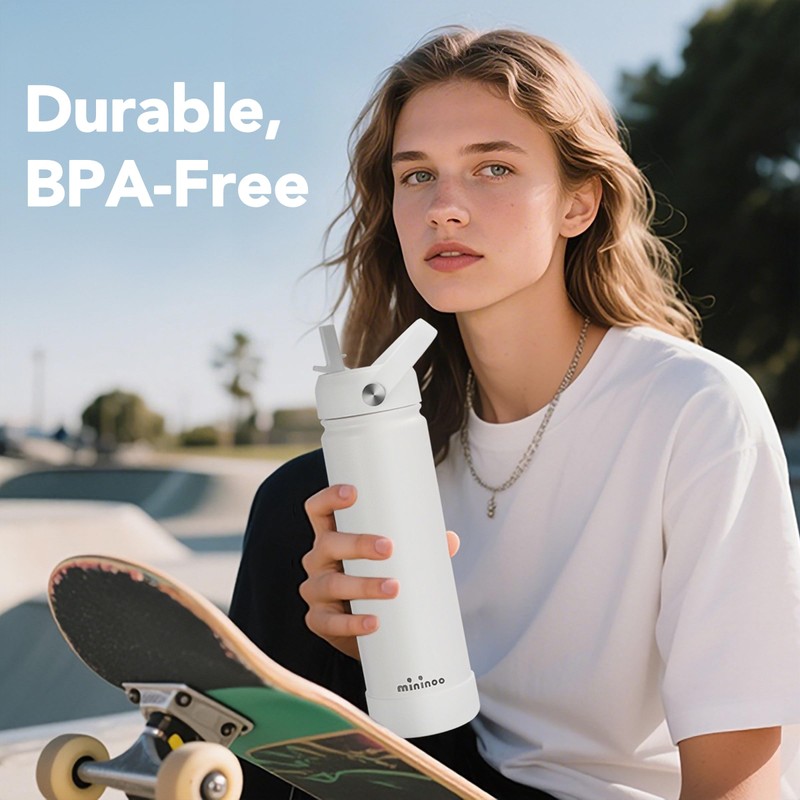 Insulated Stainless Steel Water Bottle with Straw, Ceramic-Lined, BPA-Free &