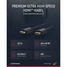 Clicktronic HDMI to HDMI 2.1 Ultra High Speed Cable, 0.5 Meter Length