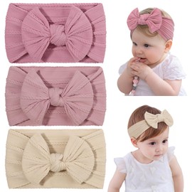 DiULi Baby Headbands, Pack of 3 Baby Turban Headband with Bows, Elastic Hair Bands for Newborns, Toddlers, Super Soft (Set A)