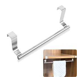 Mziart Over The Door Towel Rack for Bathroom Kitchen, 14 Inch Brushed Stainless Steel Over Cabinet Towel Bar with Hooks, Cupboard Towel Holder, Space-Saving Towel Hanger, Silver