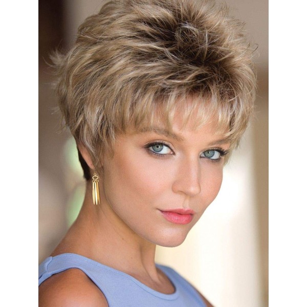 Drew Wig Color Creamy Toffee Rooted - Noriko Wigs 3.4" Short Point-Cut Layers Edgy Pixie Cut Synthetic Average Cap Bundle MaxWigs Hairloss Booklet