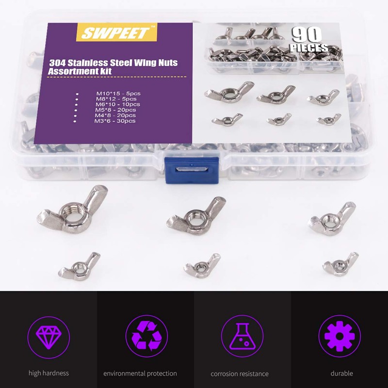 Swpeet 90Pcs 304 Stainless Steel Serrated Metric Wing Nuts Butterfly