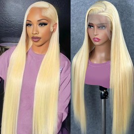 mululi 34 Inch 613 Lace Front Wig Human Hair 200% Density Blonde Lace Front Wigs Human Hair Pre Plucked Straight Lace Front Wigs Human Hair HD Lace Frontal Wig 13x6 with Baby Hair 613 Human Hair Wig