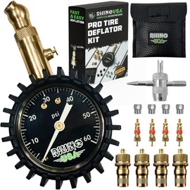 Rhino USA Adjustable Tire Deflators with Gauge (0-60psi) Calibrated & Automatic Tire Air Down Tool - Large 2" Easy Read Glow Dial & Solid Brass Hardware - Best Offroad Deflator for Jeep, Truck or ATV