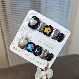 Handmade Short False Nails MouyouGlow, Square Kawaii Cute Black 3D Heart Stars Bow Colourful Rhinestone Y2K Coquette Girls Resuable Press on Nails, Handmade Fake Nails, 10 Pieces 512-M