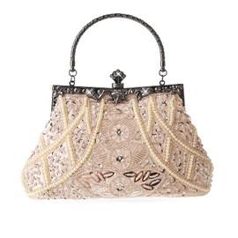 DA BODAN Women's Evening Bag Vintage Beaded Sequin Pearl Clutch Handbag Shoulder Bag Purses for Wedding Bridal Prom Party (Champagne)