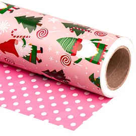 WRAPAHOLIC 30 Inch Jumbo Reversible Gnome Christmas Wrapping Paper - 30 Inch x 33 Feet - Red Green Gnome Wrapping Paper and Pink White Polka Dots for Christmas, Holiday, Party
