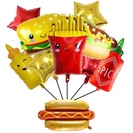 CSTYWC 10PCS Hamburger Hot Dog Ketchup Bottles Mustard Bottles French Fries Pizza Slice Shaped Foil Balloons Food Balloons for BBQ Picnic Cookout Fast Food Snacks Party Decorations Baby Shower