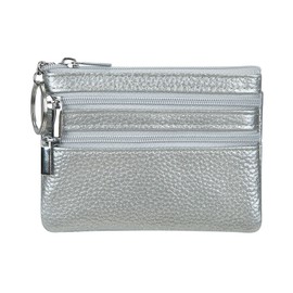 Women's Genuine Leather Coin Purse Mini Pouch Change Wallet with Keychain, Silver