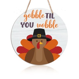 Thanksgiving Turkey Door Sign (12x12 Inch), Thanksgiving Wall Sign, Thanksgiving Wood Hanging Sign, Gobble Til You Wobble Sign, Thanksgiving Decorations, Thanksgiving Door Decorations -THGWS06