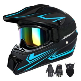 XINGSILUC Youth Kids Motocross Helmet, Adult ATV Dirt Bike Helmet with Goggles Gloves & Mask Quick, Full Face Motorcycle Helmet with Quick Release Buckle DOT Certified (Blue, Large)