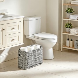 Toilet Paper Storage Basket,Handmade Woven Scalloped Baskets for Bathroom Organizer and Storage,Waterproof Plastic Wicker Basket Organizer for Toilet Paper Rolls,Towels (1, Grey)