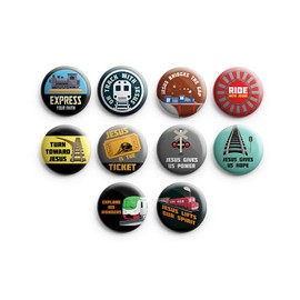 NewEights Christian Railroad Button Pins (1-Set X 10 Buttons) - Large 2.25" VBS Sunday School Easter Baptism Thanksgiving Christmas Rewards Encouragement Enticement Inspirational Gift