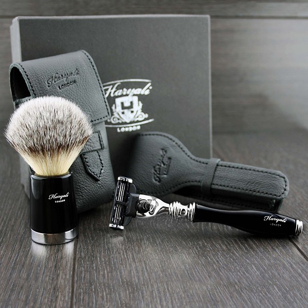 Travel Style Shaving Set with Gillette Mach 3 Razor and Shaving Brush with 100% real leather.