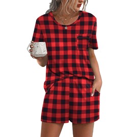Ekouaer Pj Set Women's Short Sleeve Tee Top and Plaid Shorts Lounge Pajama Set Summer Cotton Sleepwear