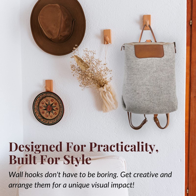 TURDORIA 4-Pack Wood Wall Hooks for Hanging - Decorative Mounted