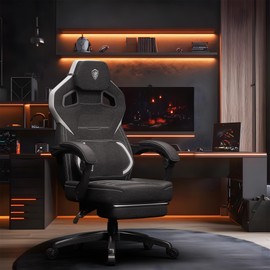 Dowinx Fabric Gaming Chair with Footrest, Big and Tall Ergonomic Gamer Chair with Lumbar Support, Wide Back Computer Chair for Heavy People, Black