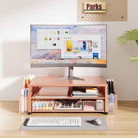 OPNICE Desk Organizers and Accessories, 2-Tier Computer Monitor Stand with Drawer and 2 Pen Holders, Laptop Stand, Office Desk Accessories for Office Supplies, Rose Gold