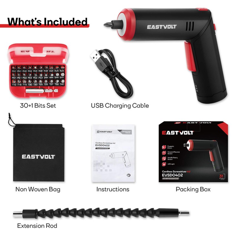Eastvolt 4V Cordless Screwdriver, 6Nm Electric Screwdriver Rechargeable with 90