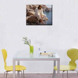 Jesus Sat on a Rock by the River Paint by Numbers for Adults Kids DIY Oil Painting Kits on Canvas with Paint Brushes and Acrylic Pigment Christ Religion Picture Wall Art Decor Gift 16x20In (Frameless)