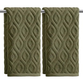 Artoid Mode Olive Green 3D Diamond Grid Jacquard Hand Towels for Bathroom 35 x 75 cm, 100% Cotton Soft Absorbent Bathroom Decor Towels Set of 2