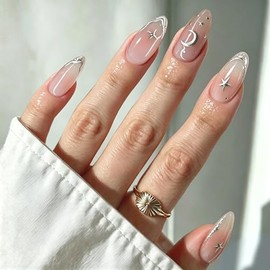 Uñas Postizas con Punta Francesa, Uñas Press on para Manos, Cortas y Puntiagudas en Forma de Almendra con Acabado UV, Kit de Uñas Semitransparentes de
