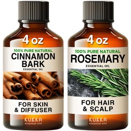 KUKKA essential oils Cinnamon Bark Essential Oil for Diffuser & Rosemary Oil for Hair Set - 100% Nature Aromatherapy Grade Essential Oils Set - 2x4 fl oz - Kukka