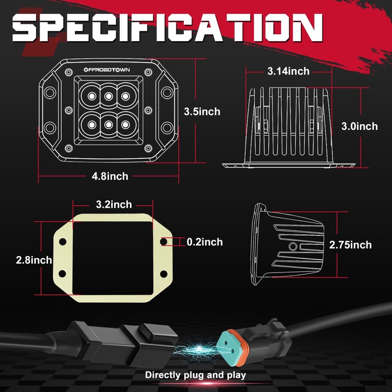 OFFROADTOWN Flush Mount LED Pods with Wiring Harness, 5'' 12,000LM