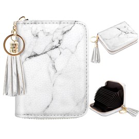 Coco Rossi Leather Credit Card Wallet for Women, RFID Blocking Zipper Cards Holder with Tassel, White Marble