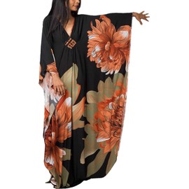 Plus Size Green Floral Print Silk Caftan Dress - Beach Cover Up