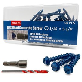 Allkeen 3/16" x 1-1/4" Hex Head Concrete Screws, Anchoring to Masonry, Brick, Block, Cement or Stucco, 50PCS
