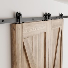CCJH 6FT Sliding Track Double Barn Door Hardware Kit,Heavy Duty,T-Shaped Style Black