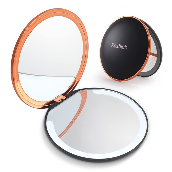 Kostlich Espejo de maquillaje de viaje con luces, espejo compacto de aumento de 1 x 7 x de 4.7 pulgadas, plegable, espejo de bolsillo recargable de mano de 2 lados, portátil para bolso de mano (negro)